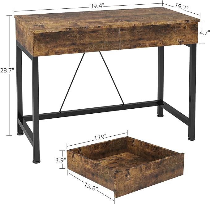 CAIYUN 40“ Small Desk for Bedroom, Computer Desk with 2 Wooden Drawers, Home Office Desk with Storage, Vanity Desk, Kids Study Writing Desk for Small Space, Vintage Table for Bedroom,(Rustic Brown)