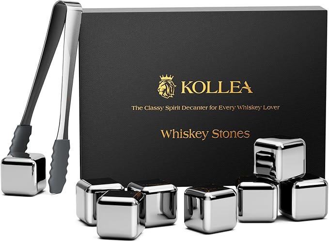 Kollea Fathers Day Whiskey Stones, 8 Packs Stainless Steel Whiskey Chilling Rocks, Reusable Ice Cube for Drinking, Cool Birthday Gift for Men Dad, Boyfriend, Beer Lover, Bourbon, Scotch, Gin, Beverage