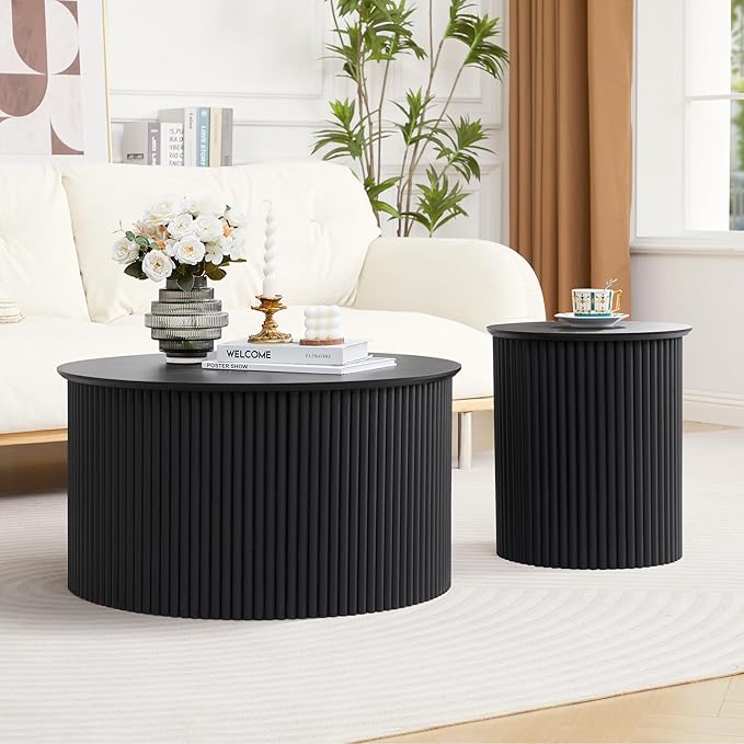 Fluted Round Nesting Coffee Table Set of 2, Mid Century Modern Wood Coffee Table and End Table Set, Minimalist Center Tables Circle Side Table for Living Room, Office(Black