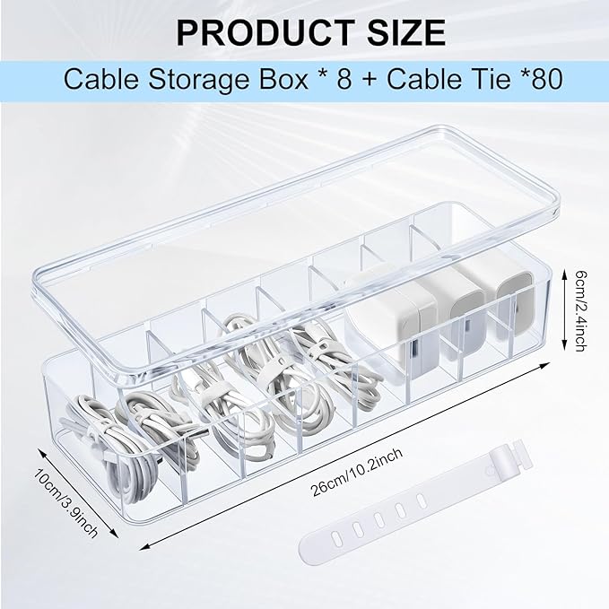 Tatuo 2 Pcs Cable Organizer Box with Wire Ties, Plastic Cord Storage Box with Lid, Electronics Organizer for Home Office Desk Organizers and Accessories (10.79'' X 3.78'' X 1.97'',Clear)