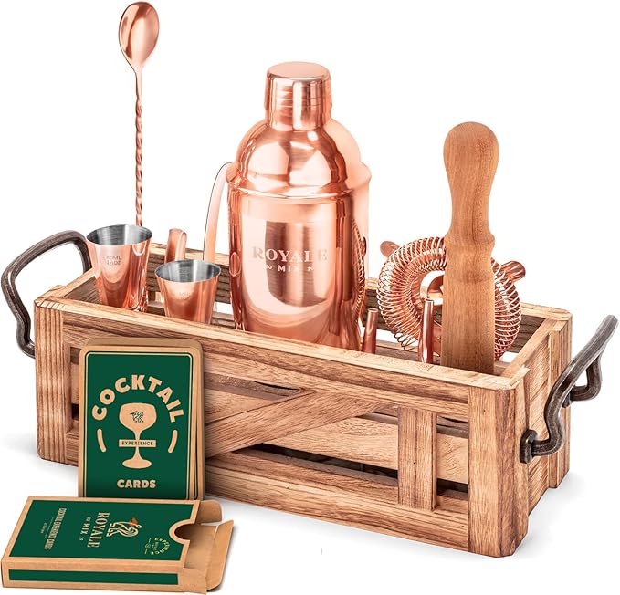 Mixology Bartender Kit with Stand - Bar Set with 25 Cocktail Kit Cards - Bar Kit Drink Mixer Set with Bar Tools - Cocktail Shaker Set Bartending Kit - Ideal Drink Shaker for Housewarming Gift (COPPER)