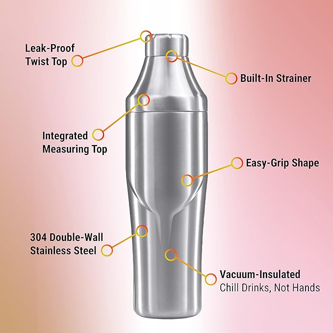 Lexenic 24oz Cocktail Shaker - Insulated Double Wall Keep Drink Chilled - No Stuck Twist Lid,Leakproof and Built-in Strainer - Perfect for Home Bar- Premium Stainless Steel Drink Shaker,Martini Shaker