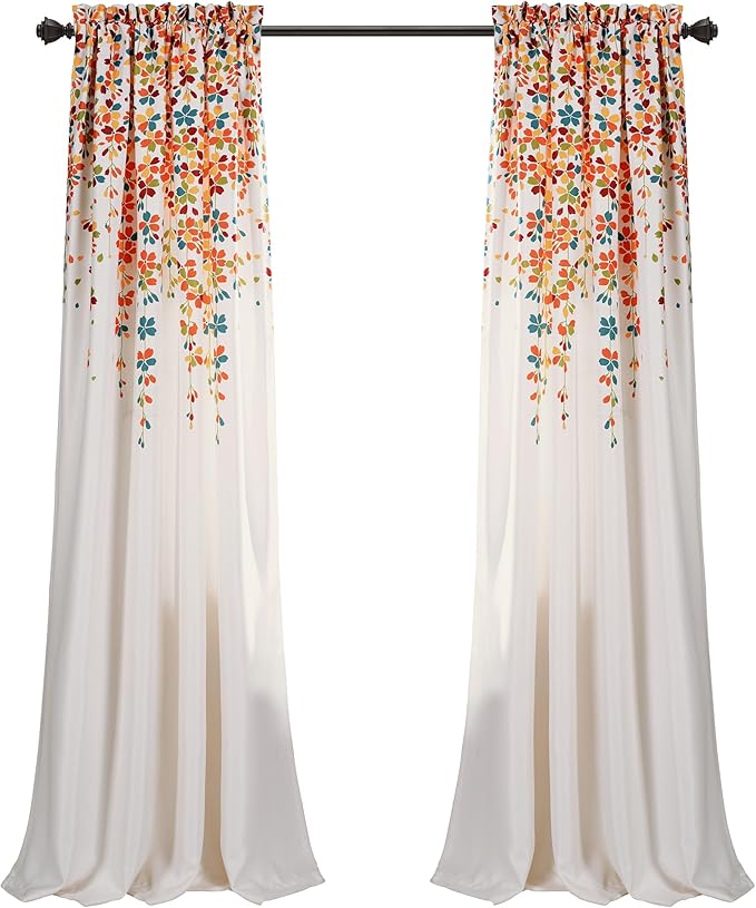 Lush Decor Weeping Flower Light Filtering Window Curtain Panels, Pair, 52"W x 84"L + 2" Header, Turquoise & Tangerine - Charming Modern Floral Curtains for Living Room, Dining Room, & Bedroom