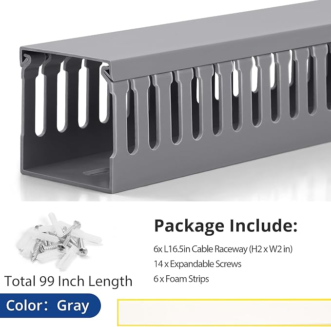 ZhiYo 99in(6X L16.5in) Professional Server Rack Cable Management Raceway, H2in x W2in Cable Raceway Kit, Electrically Safe PVC Open Slot Wire Raceway for Under Desk/Computer/Network Cords, Grey