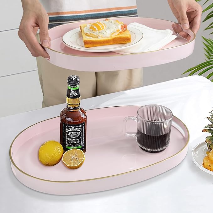 MAONAME Pink Serving Trays with Handles, Oval Decorative Trays for Coffee Table, Nesting Trays Set of 2, Plastic Vanity Trays for Ottoman, Living Room