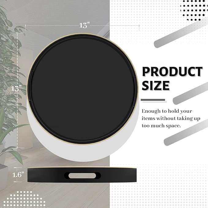 MAONAME Black Decorative Tray for Coffee Table, Modern Round Serving Tray with Handles, 13" Plastic Tea Trays for Ottoman, Bathroom Decor