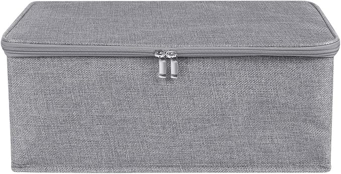 ANMINY 3PCS Storage Bins with Zipper Lids 13 Qt Lidded Fabric Storage Boxes Baskets Cubes with Handles Collapsible Washable Cotton Linen Closet Shelf Clothes Organizer Containers - Gray, Small