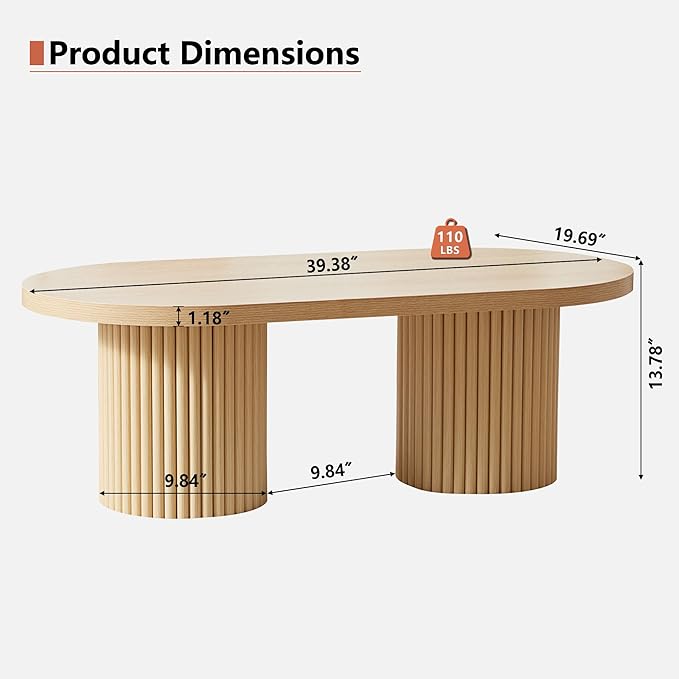 AVZEAR Fluted Oval Coffee Table for Living Room, Boho Modern Coffee Table with Fluted Legs, Curved Round Wood Center Table for Home, Small Spaces, Office, Natural Color(39.38" x 19.69" x 13.78")