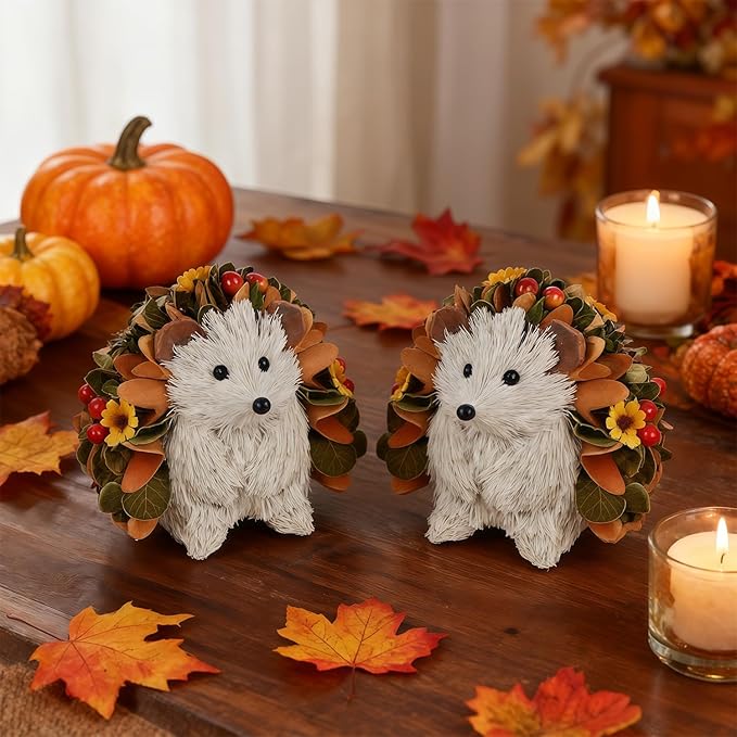 Glintoper Fall Decoration for Home, 2 Pack Thanksgiving Straw Hedgehog Figurine with Woodchip, Harvest Autumn Gifts Shelf Sitters, Tabletop Centerpieces Woodland Animal for Kitchen Office Decor
