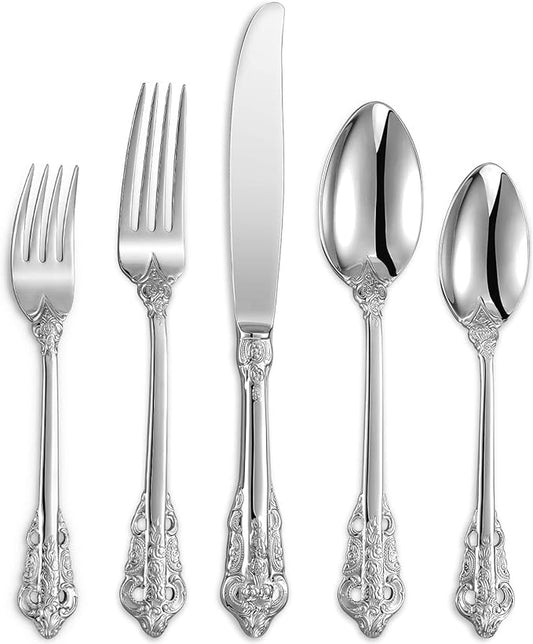 KEAWELL Luxury 20 Pieces 18/10 Stainless Steel Flatware set, Service for 4, silver plated with gold accents, Fine Silverware set and Dishwasher Safe (Silver)