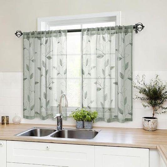 HOMEIDEAS Sage Green Sheer Kitchen Curtains 30 X 36 Inch Length 2 Panels Embroidered Leaf Pattern Short Curtains for Small Window Valance Tiers