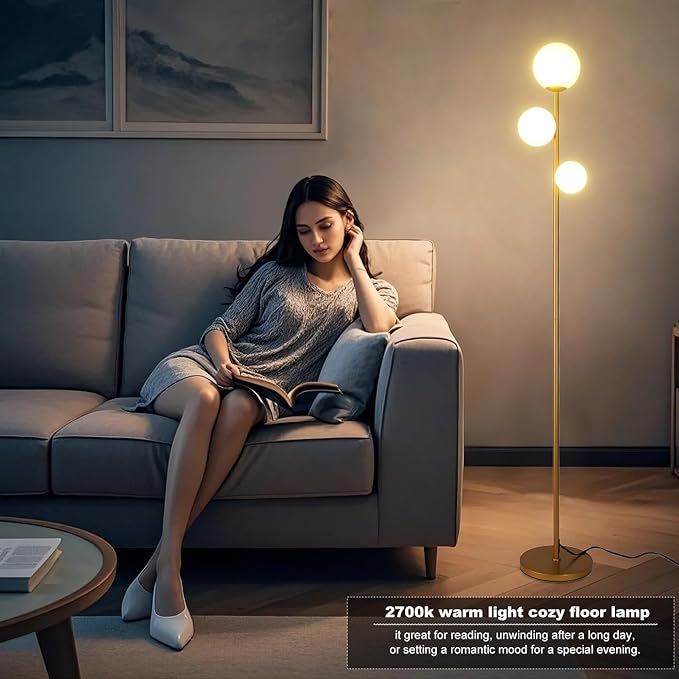 Fiqevs 3 Globe Mid Century Modern Floor Lamp for Living Room, Gold Standing Lamp with Frosted Glass Shade and 3x2700K Warm LED Bulbs, Vintage Retro Tall Lamps for Bedrooms, Office - Antique Brass
