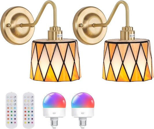 Vintage Battery Operated Wall Sconce Set of 2, 5000mAh Rechargeable Wall Lamp 12 RGB Colors Dimmable, Gold Lights Fixture for Bedroom Bathroom Living Room Hallway Orange Checker
