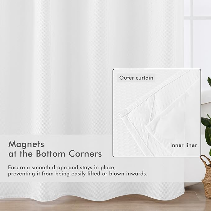 Mrs Awesome No Hook Shower Curtain with Snap-in Liner, Embossed Waffle Design Fabric Shower Curtain for Bathroom, Soft & Lightweight, 71x86, White