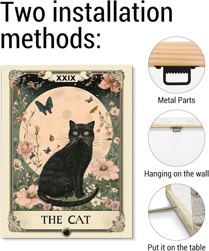 Aesthetic Cat Tarot Wall Art Decor Witchy Cat Moon Flowers Tarot Card Canvas Print Poster Framed Painting Wall Decorations for Home Living Room Bedroom 11x15 Inch, Mystical Cats Lover Gifts