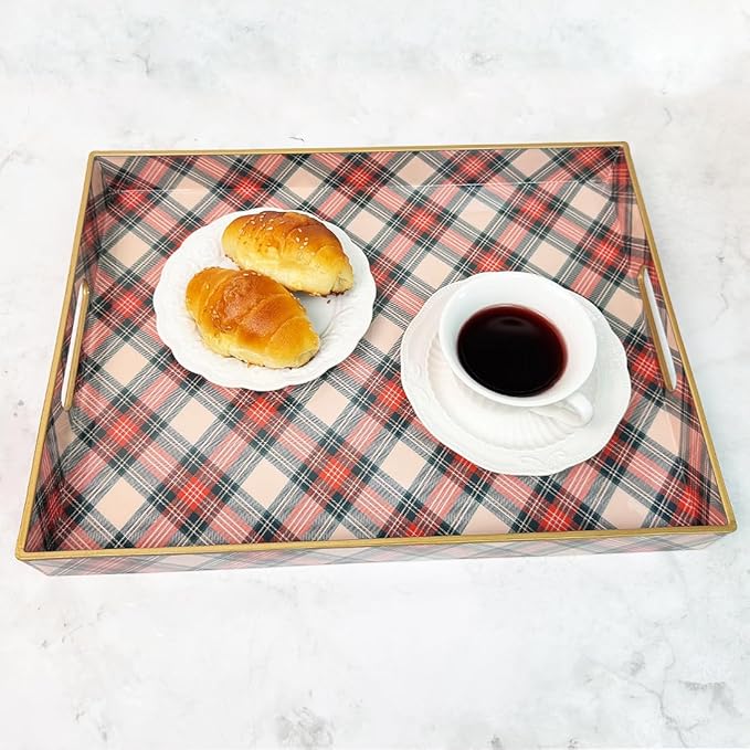 Rectangular Decorative Tray with Handles, Plastic Serving Tray for Living Room, Home Decor, Christmas，15.7" x 11.8" Red Plaid