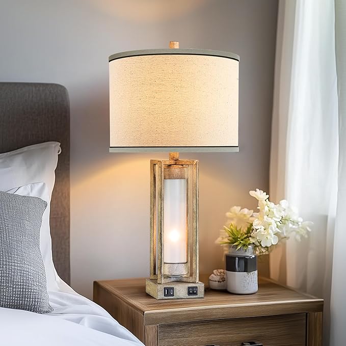 RORIANO 25" Set of 2 Farmhouse Table Lamps for Living Room with USB A+C Ports, Rustic Nightstand Lamp with White Night Light, Vintage Desk Lamp for Entryway Bedroom End Table, 4 Bulbs Included