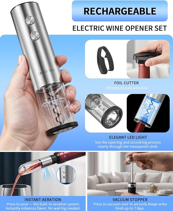 CIRCLE JOY Electric Wine Opener Stainless Steel Rechargeable Automatic Wine Bottle Opener Set 6-in-1 Top Gifts for Wine Lovers with Charging Base, Foil Cutter, Wine Aerator Pourer & 2 Vacuum Stoppers