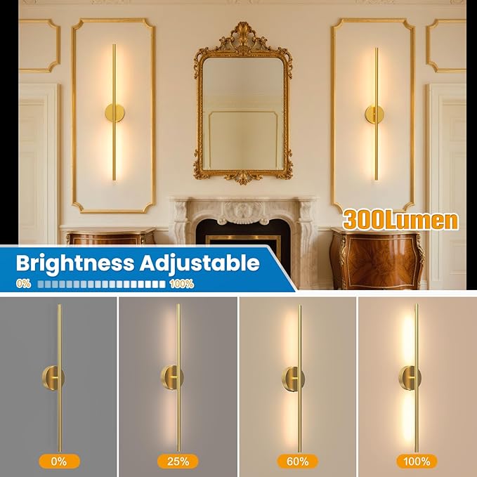 NIORSUN 34 Inch Battery Operated Wall Sconce Set of 2, Gold Round Base Rechargeable Wall Lights with Remote, 3CCT Dimmable Wireless Wall Sconces for Living Room Bedroom Hallway