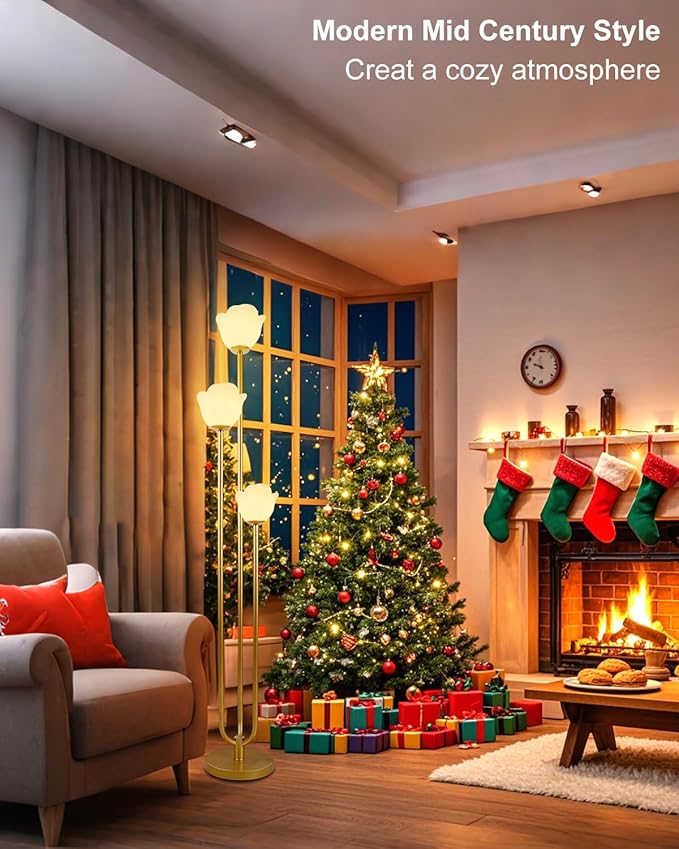 Lightdot 63IN Floral Floor Lamp 3-Lights Flower LED Floor Lamps with 3000K Warm White Bulbs with Candle Holder Style for Wedding Party Modern Gold Tall Floor Lamp for Living Room/Bedroom