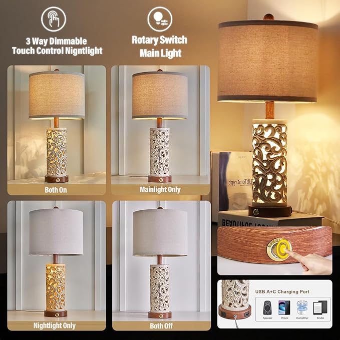 OYEARS 3-Way Dimmable 22'' USB A+C Touch Control Table Lamp with Nightlight for Living Room Bedroom Farmhouse Bedside Nightstand Lamps (Brown Bulb Included
