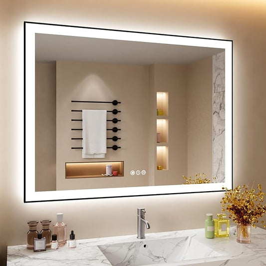 48x36 Inch LED Bathroom Mirror with Black Frame, Backlit and Front Lighted Bathroom Mirrors for Wall, Anti-Fog, Dimmable, Memory, Shatterproof, LED Vanity Mirror for Bathroom