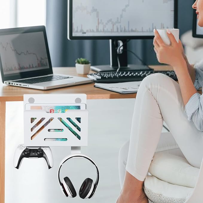 MAXECHO Desk Side Storage, Under Desk Laptop Mount, Table Side Hanging File Organizer, No Drill Clamp On Cable Management Tray, Laptop Holder with 2 Hooks for Office and Home, Load 22 Lbs