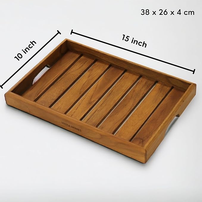 Vesta Homes Large Teak Wood Serving Tray for Home, Kitchen, Breakfast, Restaurant, Office Organizer, Dining Table | Premium Wooden Tray |15 * 10 * 1.5 Inches | Handmade in India