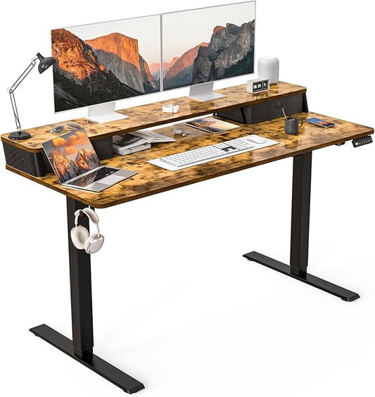 55 x 24 Inch Standing Desk with 2 Drawers, Easily Assembled Height Adjustable Desk, Ergonomic Sit to Stand Electric Desk for Home Office Workstation, Rustic Brown