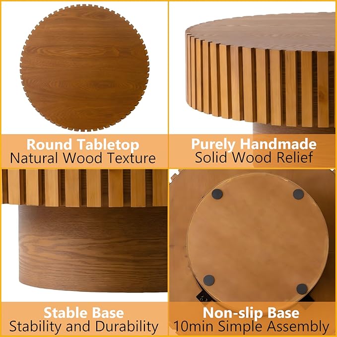 Modern Wood Round Coffee Table - Handcraft Drum Coffee Tables with Sturdy Base, Easy Assembly, Contemporary Style Small Coffee Table Tea Table for Living Room, Bedroom, Office (Natural Round)