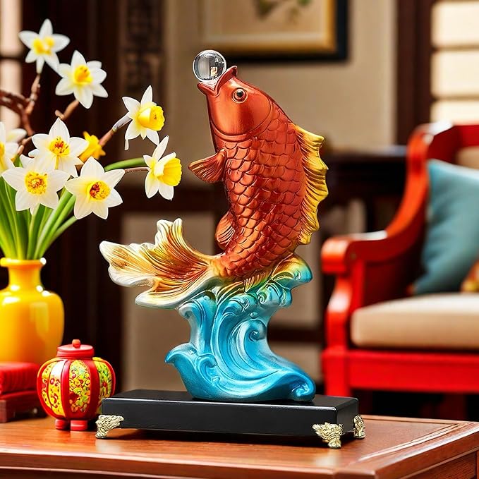 FUNSXBUG 13.3 Inch Large Chinese Feng Shui Fish Statue Sculpture Collectible Figurine Feng Shui Decor Home Office Decoration Tabletop Decor Ornaments Good Lucky Gifts (Red)