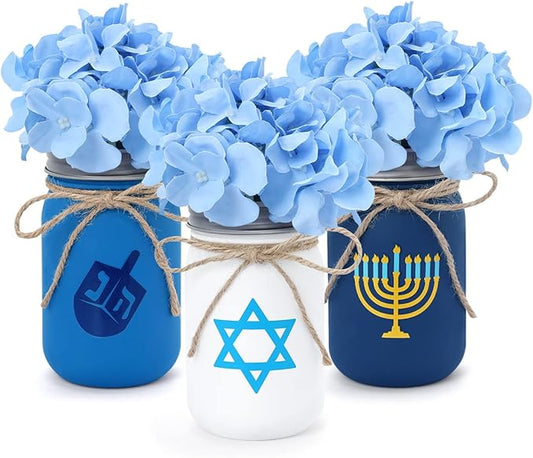 Nefelibata Hanukkah Mason Jar Floral Arrangement Table Centerpiece Hanukkah Home Decor Hanukkah Tiered Tray Decor with Faux Plants Artificial Blue Flowers Set of 3