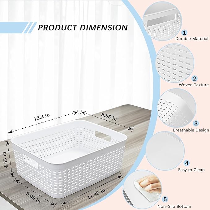 Plastic Storage Baskets for Cabinets, Household Pantry Organization with Handle,Organizer Bins for Room,Bathrooms,Under-Sink,Kitchen (White, M-3PACK)