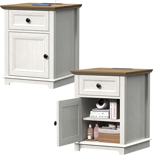 End Table with Fast-Charge Set of 2, Side Table with Drawer Storage and Adjustable Shelf, Charging Nightstand Set of 2, Wooden Side Table for Living Room/Bedroom/Office, White