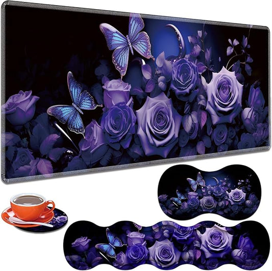Large Gaming Table Pad 31.5 "x 11.8" + Keyboard Wrist Pad + Mouse Wrist Pad + Coaster Non-Slip Base 4-in-1 Set, Ergonomic Memory Foam, Easy Typing Pain Relief, Purple Roses and Butterflies