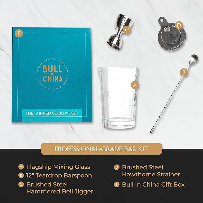 4 Piece Cocktail Kit by Bull In China - Premium Bartender Gift Set Includes Flagship Mixing Glass, 12 inch Barspoon, Bell Jigger & Hawthorne Strainer For Professional & Home Bars (Stainless Steel)