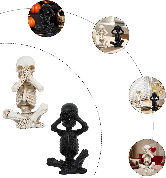 Skull Shelf Decor,Yoga Skeleton Figurine,Halloween Gothic Home Decor,Antique Silver Accent Statue,Collectible Figurines Set of 3 (White)