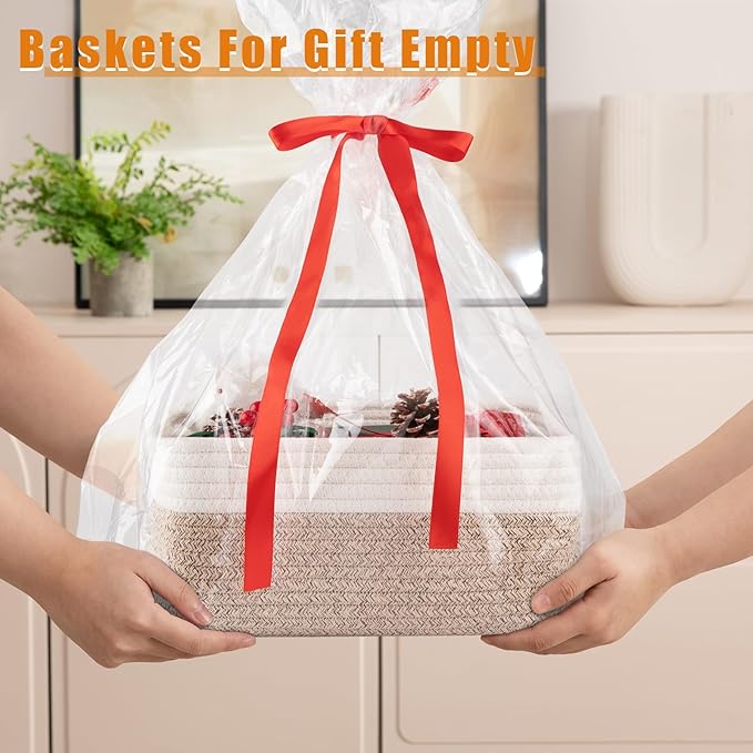 OIAHOMY 4 Pack Storage Baskets for Organizing, Small Bins for Shelves, Cute Decorative Storage Bins, Organizer Baskets for Gifts Empty, 13''Lx8.7''Wx5.1''H, Brown/White