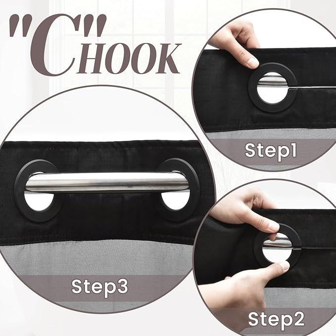 No Hook Slub Textured Shower Curtain with Snap in Liner - Black Fabric Outer Curtain & Waterproof Inner Liner, Hotel Style with See Through Top Window, 71x77 in