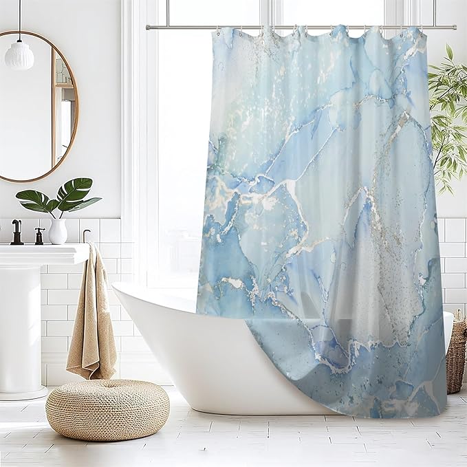 Renaiss Light Blue Marble Shower Curtain Waterproof Fabric Luxury Modern Art Shower Curtain for Bathroom Dormitory Print Decorative Shower Curtains Set with Hooks Waterproof Fabric 72" W x 84" L