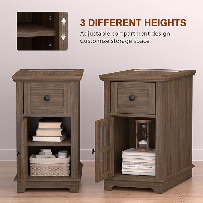HIFYOBRO End Table with 1 Drawer, Storage Side Table with Flip Top Charging Station, Type-C & USB Port & Power outlets, Wooden Storage Cabinet for Bedroom/Living Room