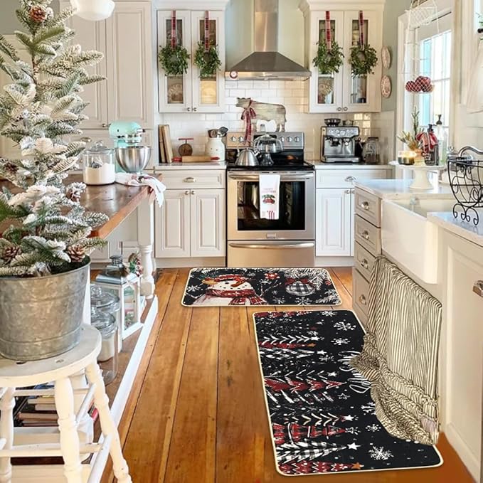 Snowman Christmas Trees Snowflake Christmas Kitchen Mats Set of 2, Black Winter Holiday Home Decor Kitchen Rugs for Floor 17x29 and 17x47 Inch