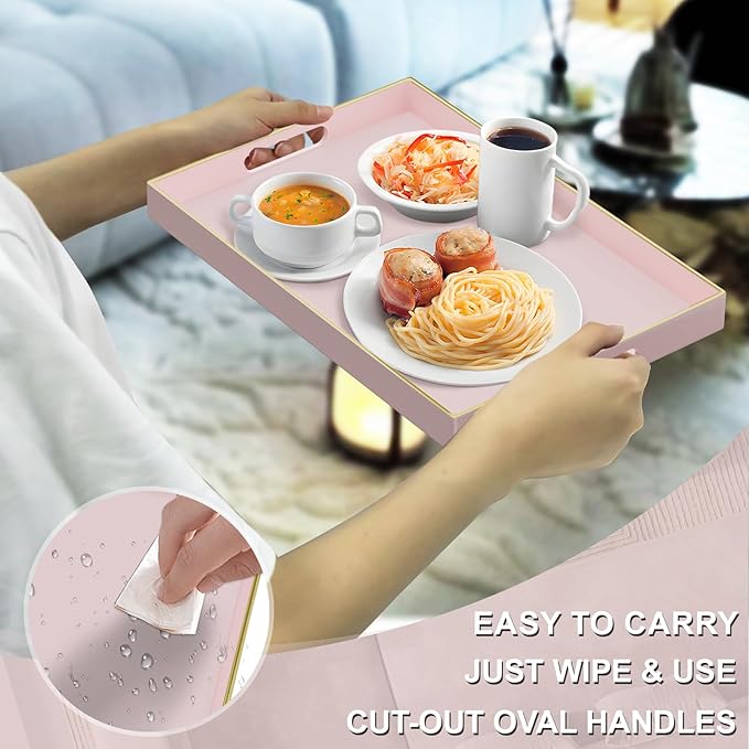 MAONAME Pink Serving Tray with Handles, Rectangular Decorative Tray, Modern Coffee Table Trays, Plastic Ottoman Trays for Bathroom, Decor, 15.7” x 11.8” x 1.57"