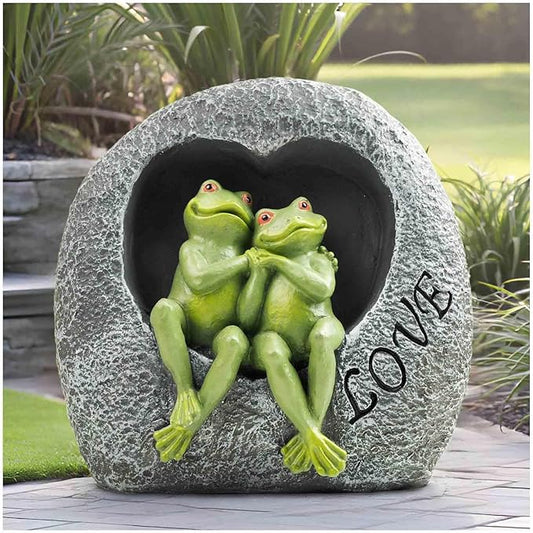 Love Frog Couple Garden Statue – 7" Resin Romantic Frog Figurines in Heart Rock, Outdoor Yard Art Decoration for Patio, Balcony, Lawn