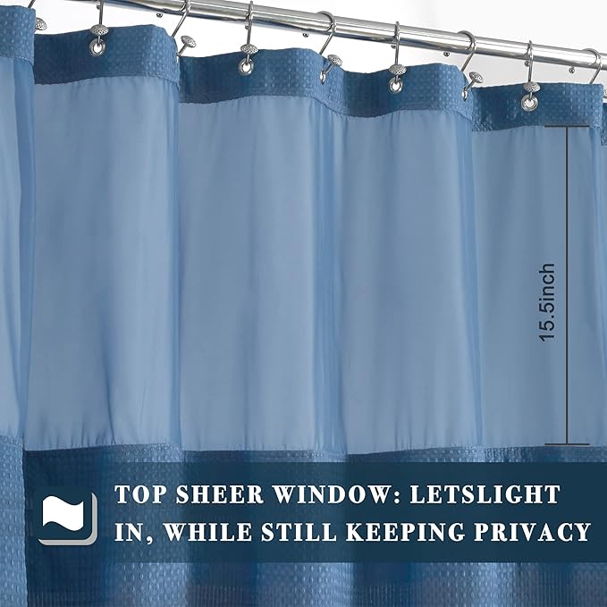 N&Y HOME Waffle Weave Shower Curtain with Snap-in Fabric Liner & Hooks Set - Hotel Style, Water-Repellent & Washable, Heavyweight Fabric & Mesh Top Window - 71x72, Moonlight Blue