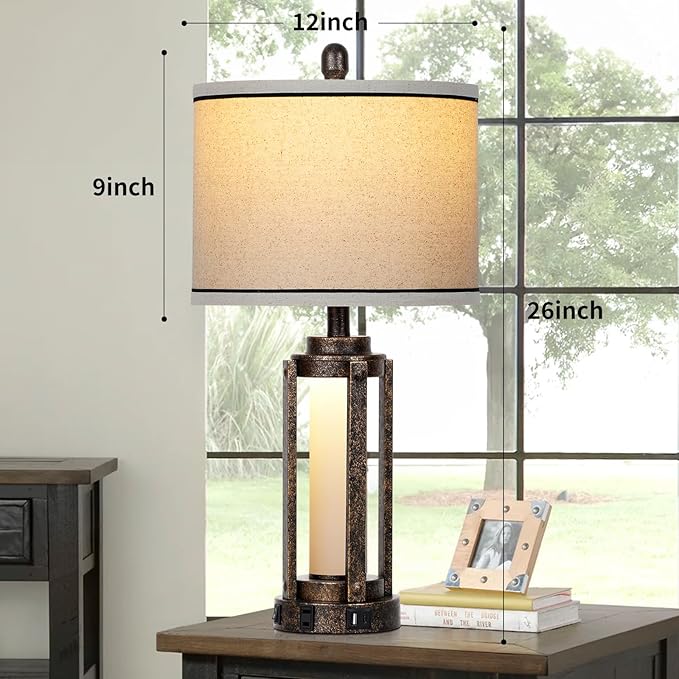 Farmhouse Lamps with USB A+C Charging Ports & AC Outlet, Rustic Vintage Industrial Table Lamps Metal Lamp with Glass LED Night Light & Beige Fabric Shade for Living Room Bedrooms Nightstand Bronze
