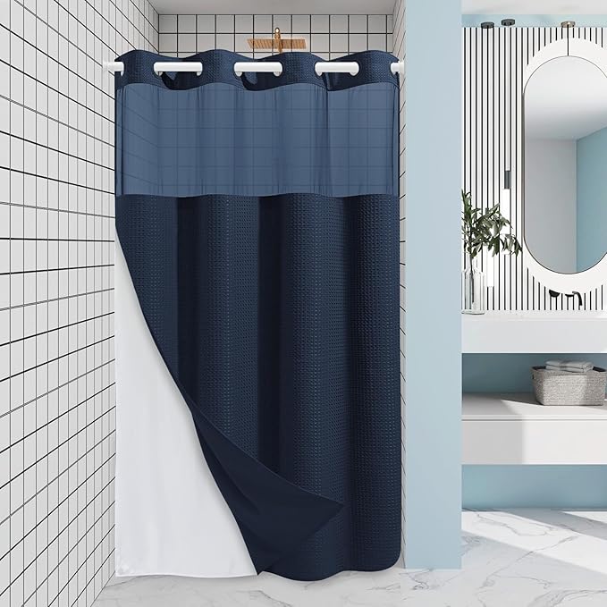 Navy Blue Stall No Hook Shower Curtain with Snap in Liner,230GSM Waffle Weave Shower Curtains for Bathroom,54W x 80H