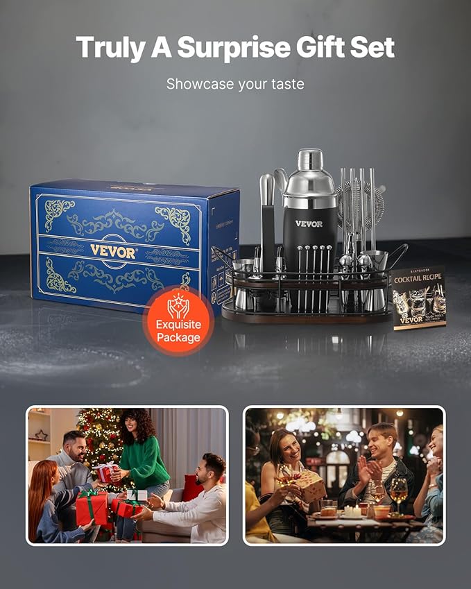 VEVOR Cocktail Shaker Set, 23-Piece Stainless Steel Bar Tools with Bamboo Stand, Martini Bartender Kit Accessories | Mixer Spoon, Muddler, Jiggers, Strainer, Liquor Pourers, Ice Tong, Corkscrew