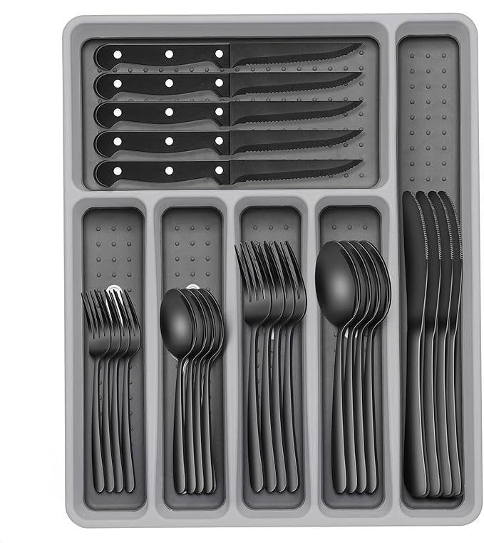 49-Piece Black Silverware Set with Organizer, Heavy Duty Stainless Steel Black Flatware for 8, Cutlery Utensil Sets with Steak Knives, Rust-proof, Mirror Polished, Dishwasher Safe