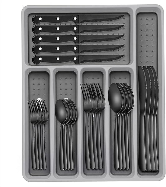 49-Piece Black Silverware Set with Organizer, Heavy Duty Stainless Steel Black Flatware for 8, Cutlery Utensil Sets with Steak Knives, Rust-proof, Mirror Polished, Dishwasher Safe